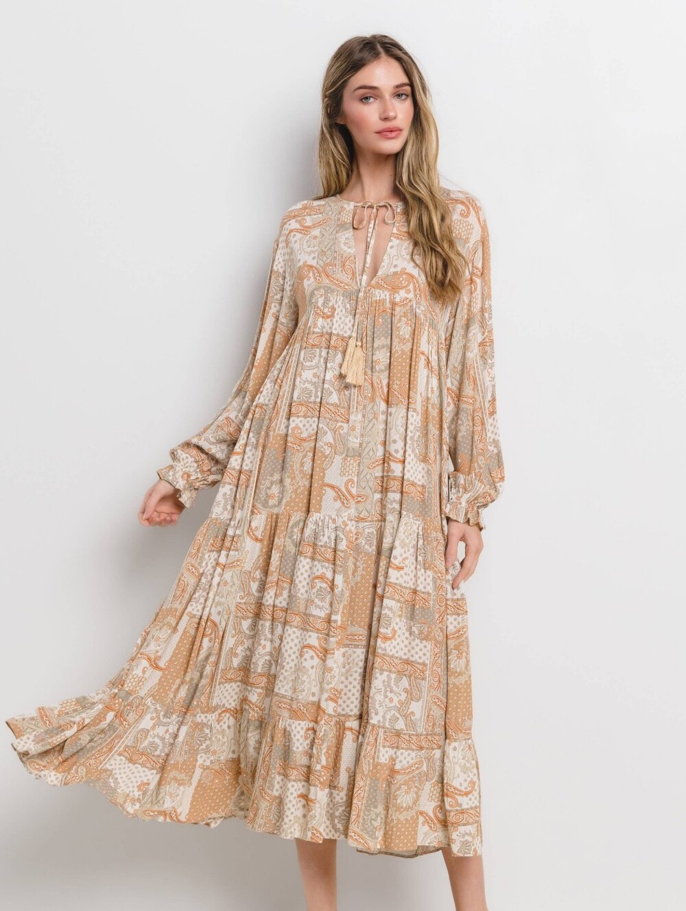 NWT Mosaic Charm Neck Tie Tassel Tiered Maxi Dress Size S